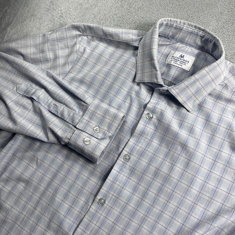 Mizzen+Main Spinnaker Mens XL Trim Fit Blue Plaid Long Sleeve Button Down Shirt
